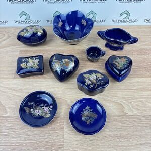 Vintage Cobalt Blue Japan Kutani Peacock Porcelain Trinket Box Bowl Set 10pc